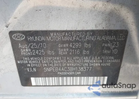 2011 Hyundai Sonata Gls из США, поврежденный, VIN 5NPEB4AC3BH138377